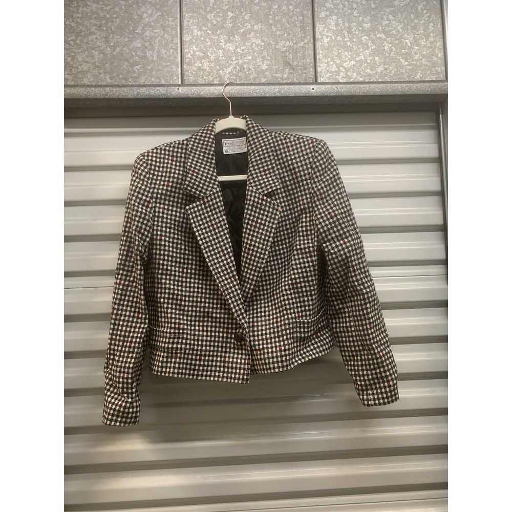 Pendleton Womens Jacket Blazer Size 8 Black White Wool Houndstooth Plaid Lined